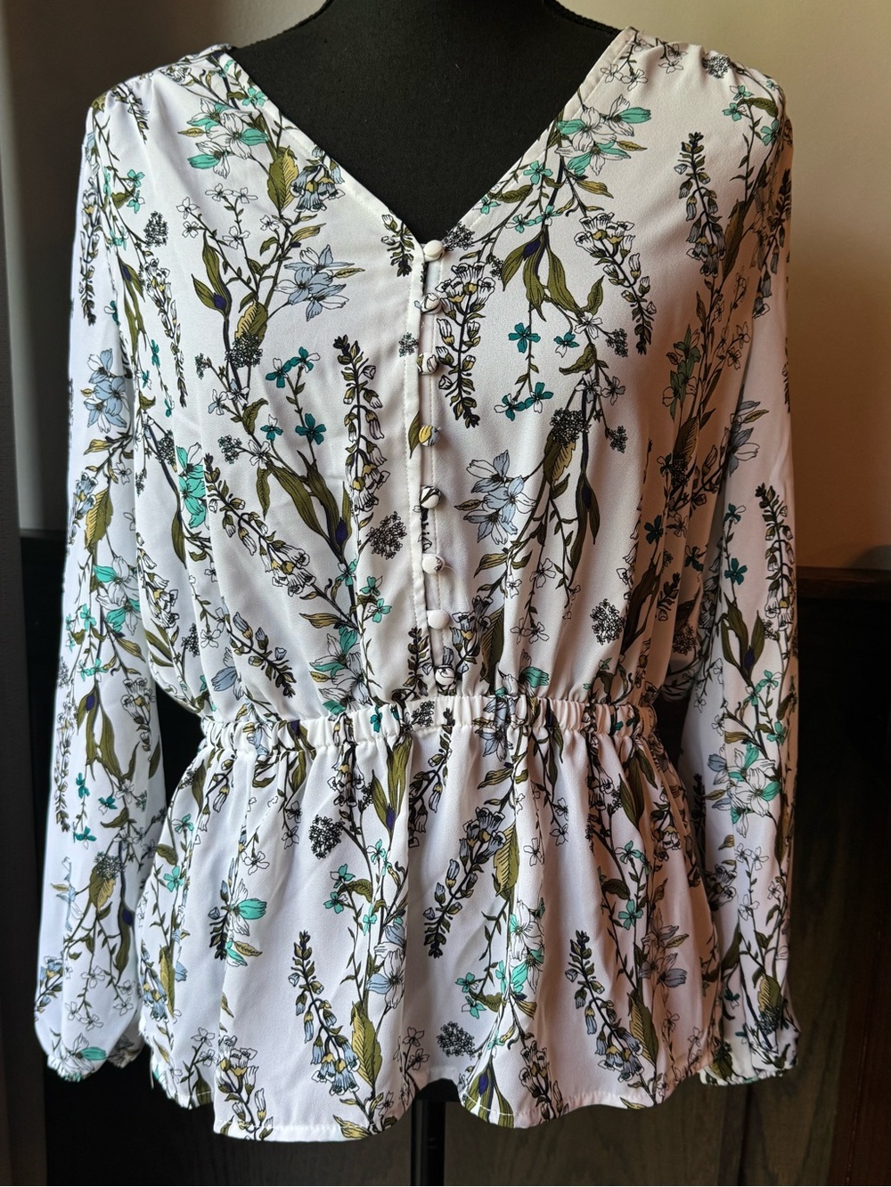 Worthington White Blouse with Teal and Yellow Floral Print